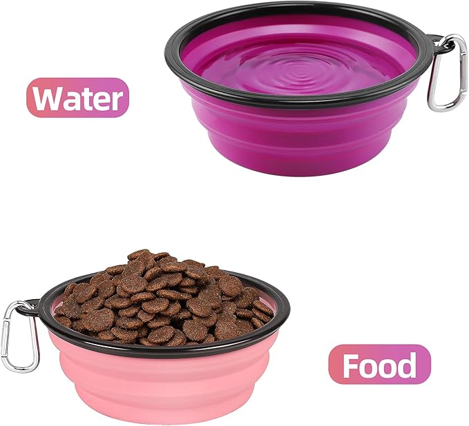 Kytely Large Collapsible Dog Bowls 2 Pack, 34oz Foldable Dog Travel Bowl, Portable Pet Water Food Bowl with Clasp, Pet Cat Feeding Cup Dish for Traveling, Walking, Hiking (Pink+Purple)