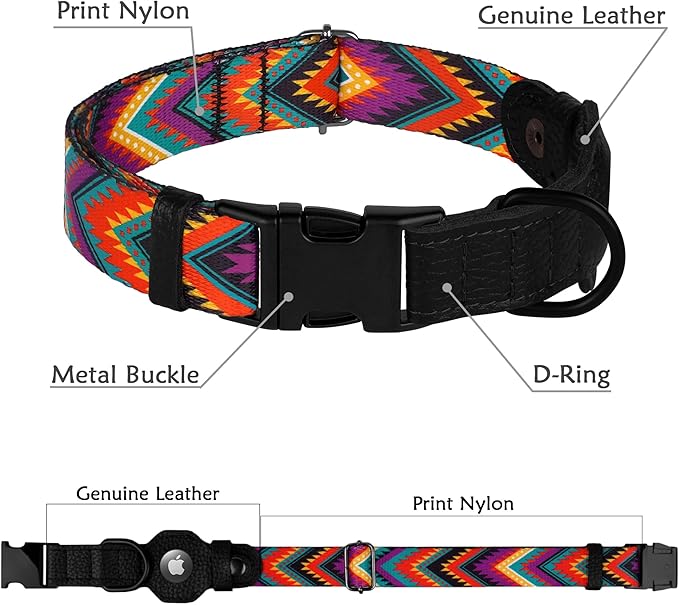 AirTag Dog Collar with Metal Buckle - Soft Leather Printed Nylon Dog Collar with Apple AirTag Holder - Cute Tracking GPS Pet Collars for Girl Boy Small Large Dogs (M, 14"-18" Neck Fit, Arrows)