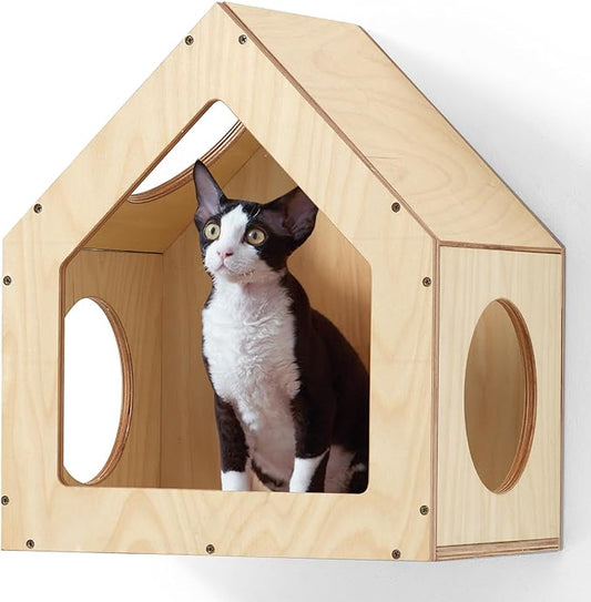 FUKUMARU Cat House Wall Mounted, 15.5x11.8x18 Inches Birch Plywood Condo, Multi-Use Kitten Furniture, Stylish Design, DIY Cats Wall Jungle