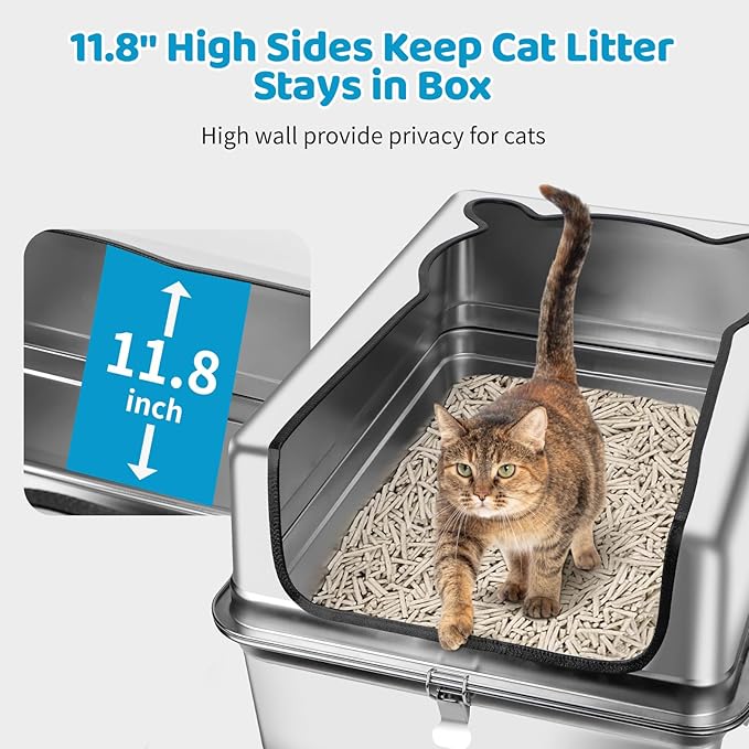 Extra Large Stainless Steel Cat Litter Box, 28" L x 19.7" W x 12" H XXXL Semi Enclosed Removable Metal Litter Tray with High Sided Enclosure, Scoop, Anti-Leakage, Non-Sticky, Easy Cleaning