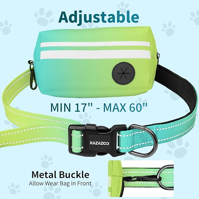 Hands Free Dog Leash with Removable Zipper Pouch, Dual Padded Handles and Durable Bungee for Walking, Jogging and Running-Cyan