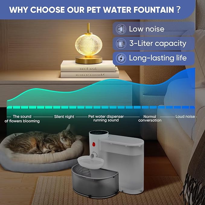 Saker Automatic Cat Water Dispenser: Smart Pet Water Fountain No Filter for Small Dogs - Wireless 3L Rechargeable Smart Cat Fountain - Wastewater Separation