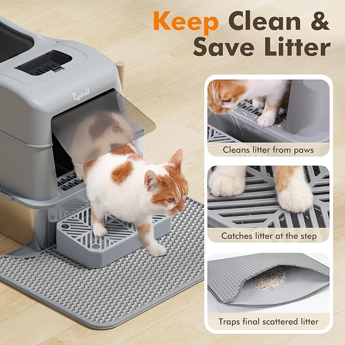 Rywell Stainless Steel Litter Box, 180° Flip-Cover Cat Litter Box, XL Extra Large Metal Litterbox for Big Cats, Includes Litter Scoop & Litter Mat, Anti-Leakage, Non-Stick, Easy Cleaning