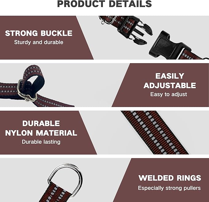 Hikiko Martingale Dog Collars Reflective Nylon Dog Collar with Quick Release Buckle Adjustable Training No Slip Dog Collar (Large, Coffee Brown)