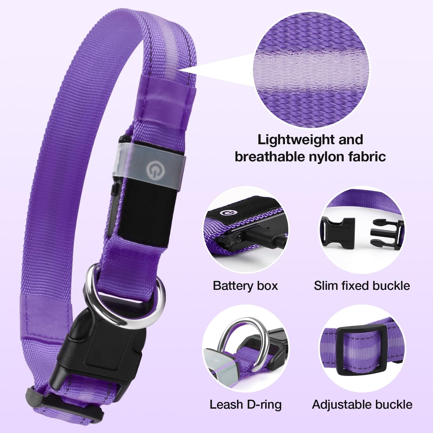 Fiveda Light Up Dog Collar, USB Rechargeable 6 Modes, Waterproof Charging Port, Long Lasting LED Collar - Adjustable Nylon Reflective for Dogs, Sizes S/M/L (7/9/11 Lights) -Purple, M