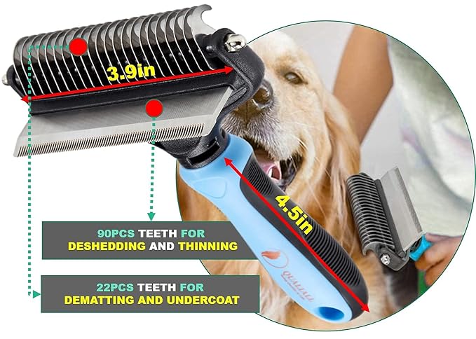 Premium Deshedder Brush for Dogs, Safe and Fast, Pro 2 in 1 Shedding Tools with Sharp Deshedding Undercoat Rake and End Rounded Dematting Comb, Great for Large Long Hair Pets (1+2pcs)