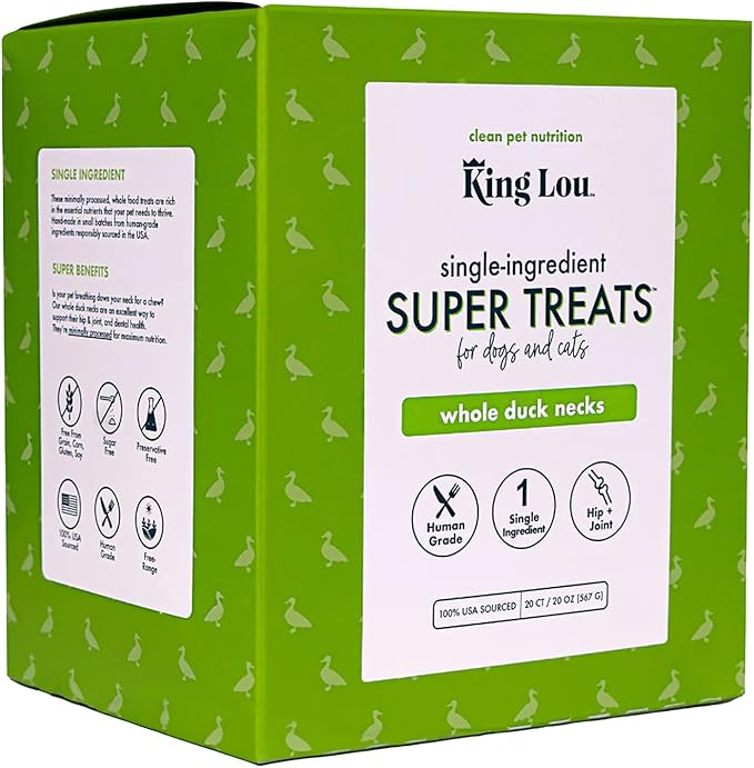 King Lou Pets - Whole Duck Necks for Dogs and Cats - Single Ingredient Dog Treat - Dehydrated Cat Treats - USA-Made Dog and Cat Treats - Supports Hip and Joint Health - 20 Count