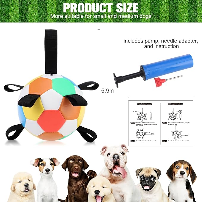BINGPET Dog Toys Soccer Ball,Interactive Dog Toys Ball for Tug of War,Outdoor Dog Soccer Ball with Straps,Dog Water Toy,Puppy Birthday Gifts,Dog Tug Toy,Durable Dog Balls for Small and Medium Dogs