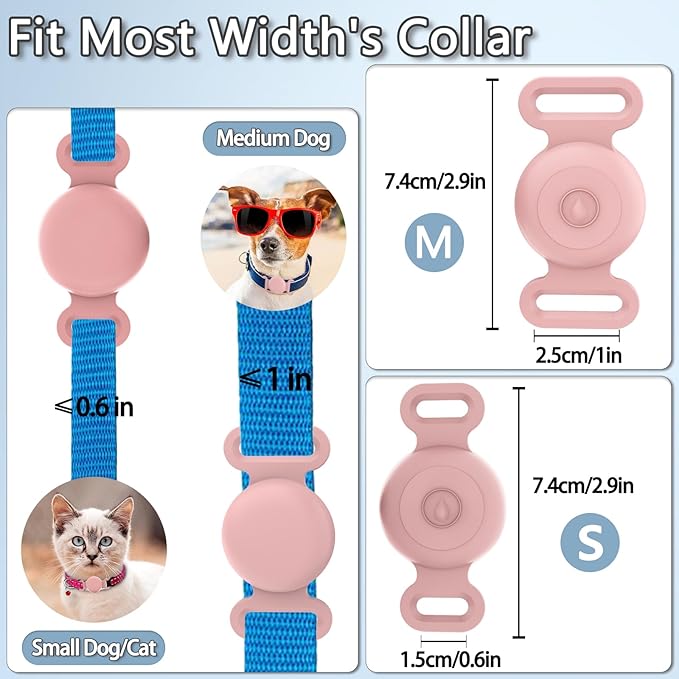 Waterproof Airtag Dog Collar Holder Compatible With Apple AirTag - Silicone Case for Pet GPS Tracker, Anti-Lost Holder for Cat (2 Pack, Pink & Blue)