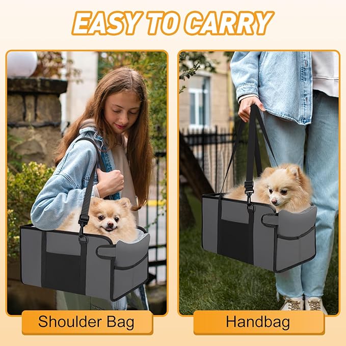 Portable Dog Car Seat for Small Dogs - Adjustable Safety Leash, Washable Cushion & Storage Pocket - Pet Booster Seat for Car Travel- Grey