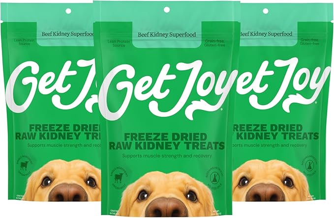 Get Joy Freeze Dried Superfood 100% Beef Kidney Dog Treats, 4 Ounce Bag (Pack of 3), Single Ingredient Organ Meat, High Protein, Immune Health, Muscle Repair, Grain Free, Gluten Free, Made in USA