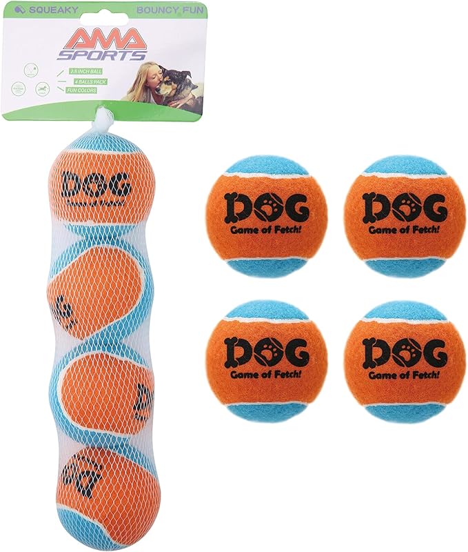 AMA SPORT Squeaky Tennis Balls for Dogs 2.5" Small Medium Dog Tennis Balls for Throwing and Fetching Dog Toys for Training, Exercise, High Bouncing 4 Pack (Orange Light Blue)
