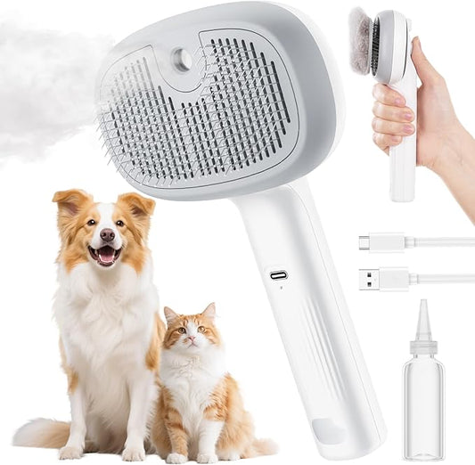 Pecute Steam Cat Brush, Self-Cleaning Cat Steam Brush with 2 Water Spray Modes, Large Capacity Tank, Dog Brush for Shedding Massaging Grooming, Cool Mist Only