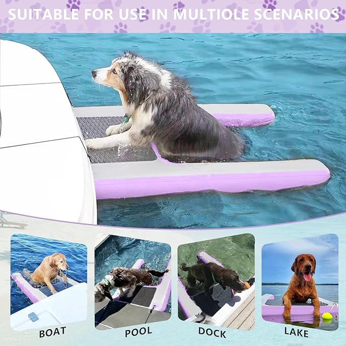 Inflatable Dog Water Ramp, Non-Slip Floating Dock Ladder for Pools, Boats & Lakes, Pool Ramp for Dogs Up to 200 Pounds, Purple