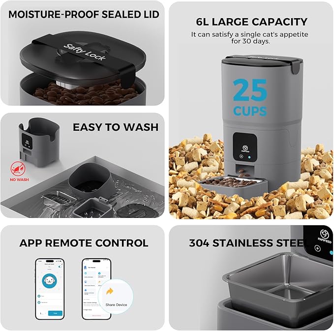 PAPIFEED Automatic Cat Feeder Upgrade, Smart Cat Feeder 6L - APP/Alexa Control, Dual Power Supply, Anti-Chewing Cord, Stainless Steel Bowl, Anti-Chewing Design for Cats and Small/Medium Dogs (Gray)