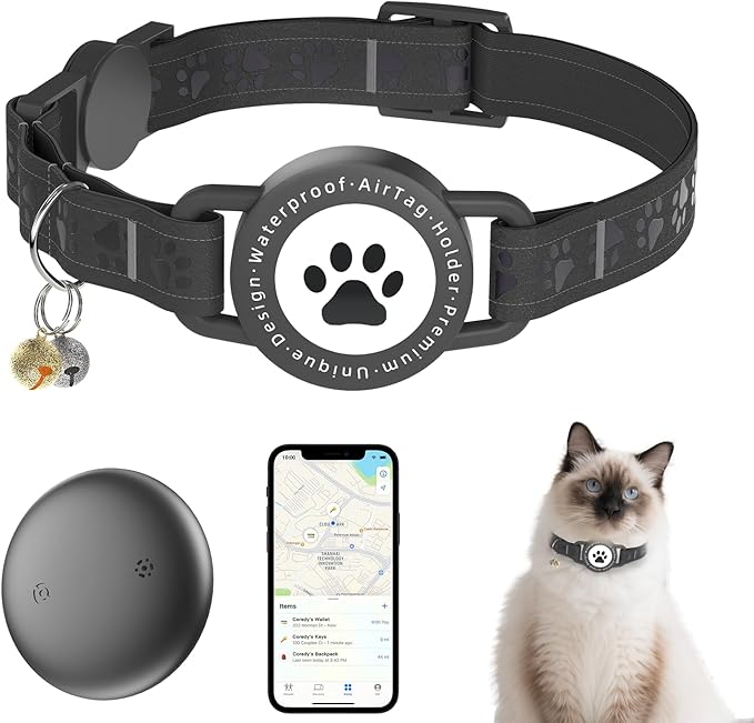 Cat Tracker Collar Waterproof - Cat Collar Breakaway - Smart Pet Activity Tracker - Breakaway Tractive with Reflective Pattern - Comfortable Padding, Adjustable (Black)