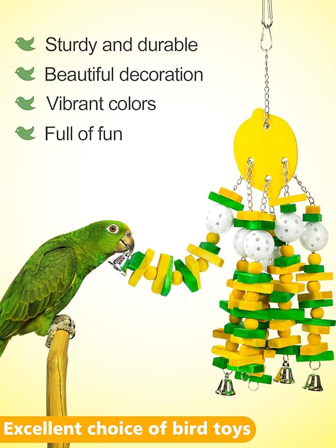 MEWTOGO Parrot Toys, Safe Healthy Parrots Cage Chewing Toy with Colorful Wood Blocks Crisp Bells for Macaws African Grey and Amazon Parrots (Lemon Style)