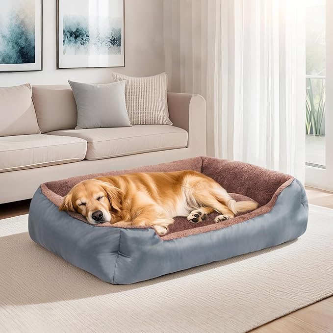 Extra Large Dog Bed, Orthopedic Dog Beds with Sides, Washable Rectangle Soft Calming Pet Bed with Nonskid Bottom, Grey
