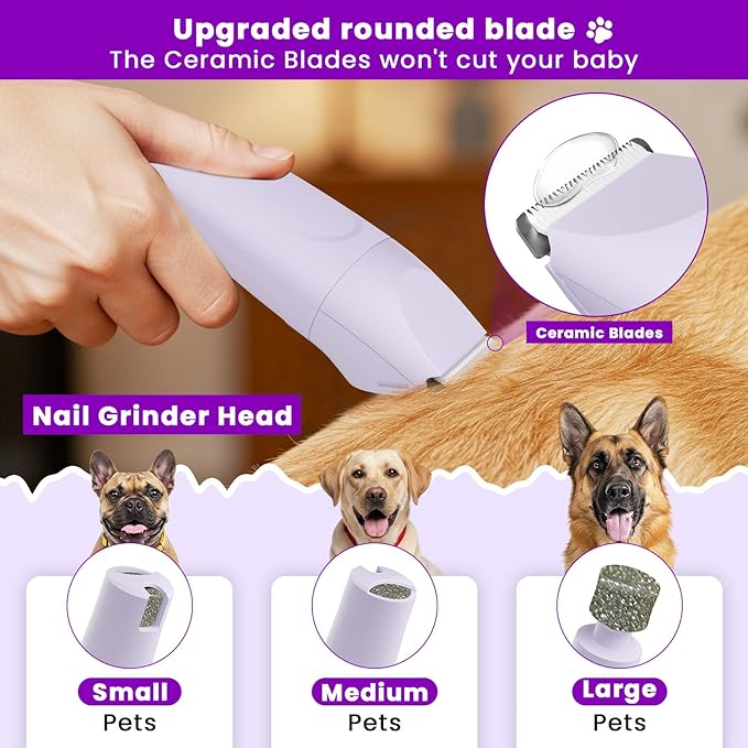 Dog Clipper 4-in-1 Grooming Kit – Includes Comb, Paw Trimmer, Nail Grinder, Rechargeable & Wireless Design, Low Noise, IPX7 Waterproof, Pet-Friendly Clipper (Purple)