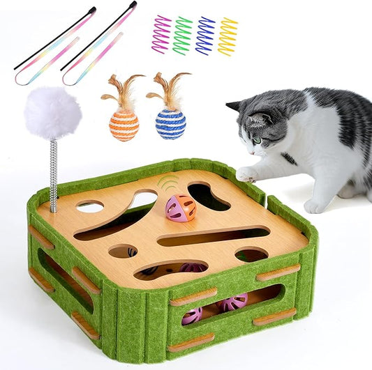 5-in-1 Cat Toys Interactive Wooden Cat Puzzle Toy Intelligence Treat Puzzle Feeder Box Game Enrichment Accessories with Jingle Balls, Wands, and Spiral Springs for Indoor Kitten Adult Cat