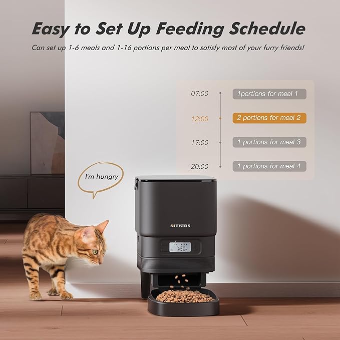 Automatic Cat Feeder - Nityers 4L Timed Cat Dry Food Dispenser, Programmable Portion Size,1-6 Meals Per Day, Dual Power Supply, Detachable Washable, Auto Pet Feeder for Cats and Small Dogs