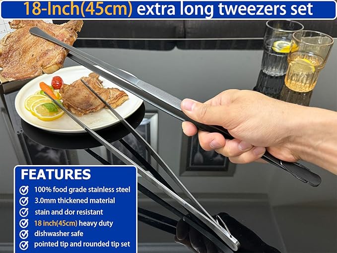 JETKONG 2 Pcs 18 Inch (45cm) Stainless Steel Grill Tongs Heavy Duty Giant Tweezer Tongs, Extra Large Tweezers Tools for Cooking, Grilling, BBQ and Turning Food (Black)