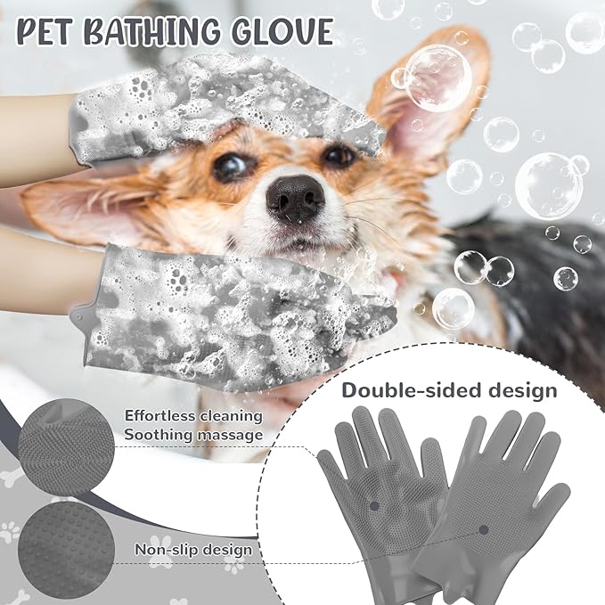 Dog Grooming Kit for Shedding – 8-Piece Pet Grooming Supplies with Deshedding Brush, Bath Gloves, Towels & Silicone Toothbrush | Ideal for Dogs, Cats, Small and Large Pets (Gray)
