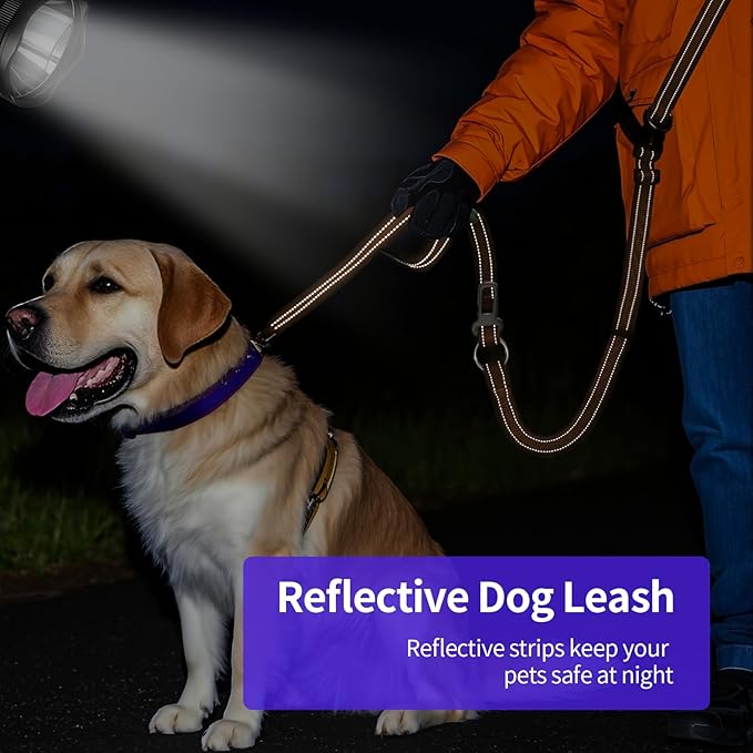 Hands-Free Dog Leash with Adjustable Length 6-9FT + Dual Padded Handles Reflective Safety for Walking, Jogging & Training| Suitable for Medium to Large Dogs & Puppies Brown-L
