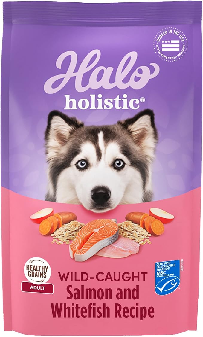 Halo Holistic Dog Food Wild Caught Salmon & Whitefish Formula, Healthy Grains Dry Dog Food, Complete Digestive Health, Kibble for Adult Dogs, 21 lb Bag