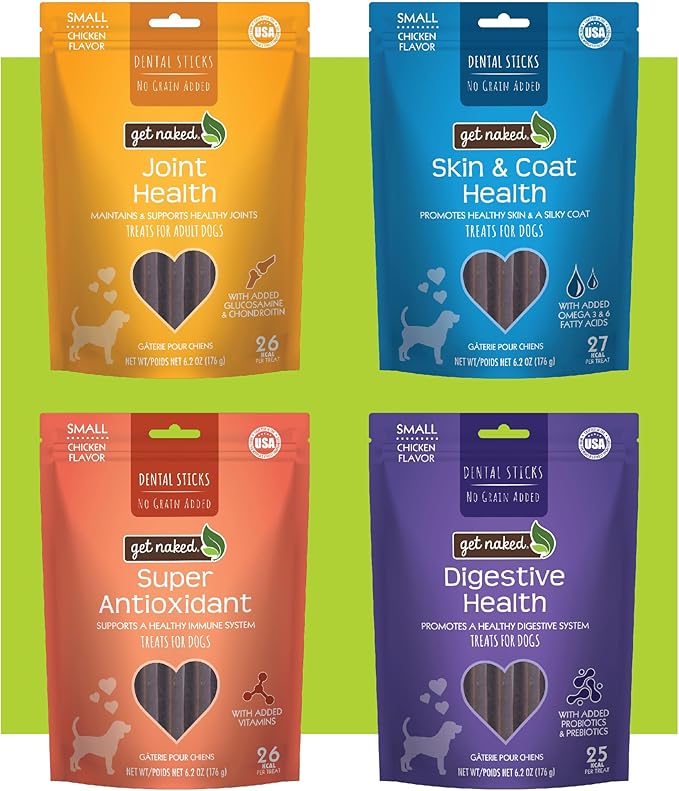 Get Naked Dental Sticks Grain-Free Chicken Flavor Dog Treats Variety Pack, Digestive Health + Skin & Coat + Joint Health + Super Antioxidant, Total 4 Bags, 24.8-oz, 64 Sticks