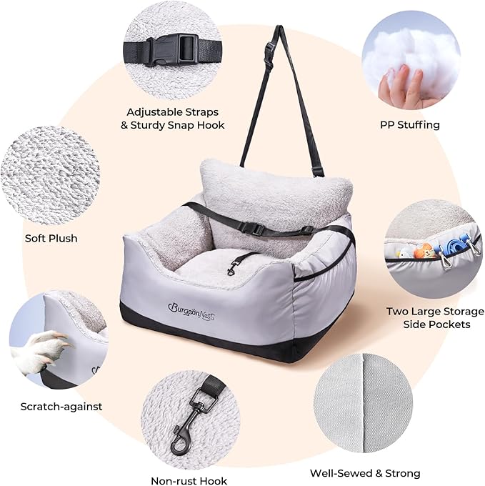 BurgeonNest Dog Car Seat for Small Dogs, Detachable and Washable Cat Carseats Under 25 lbs, Soft Pet Booster Seats with Storage Pockets and Clip-On Leash Portable Car Travel Carrier Bed, Black Grey