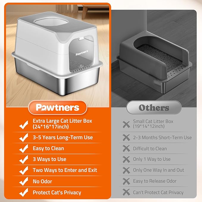 Pawtners Stainless Steel Cat Litter Box, XL Extra Large Kitty Litter Pan, Front Entry Top Exit Enclosed Metal Cat Toilet for Odor Control with Removable Lid & Scoop, Anti-Leakage, Easy to Clean