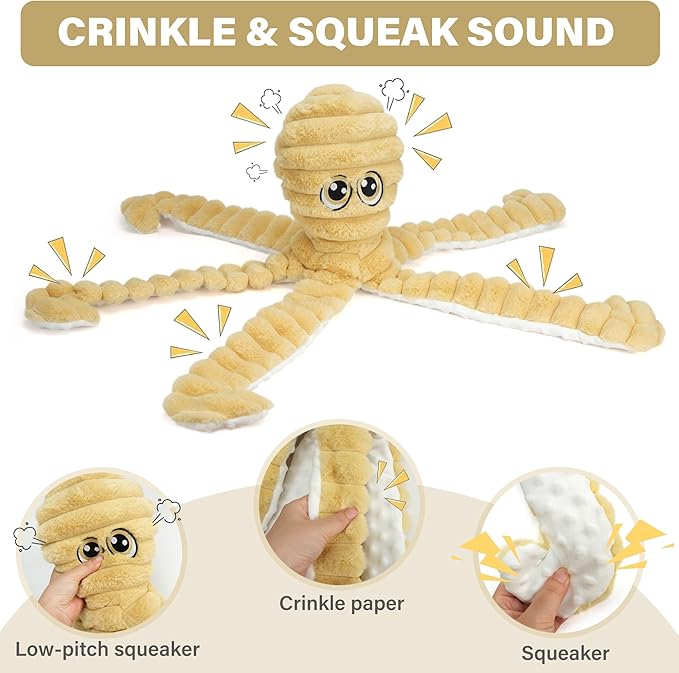 Prime Pets Dog Toys for Large Dogs, 27” Extra Large Plush Octopus Dog Toy, Crinkle Squeaky Dog Toys for Small Medium Large Dogs, Tug of War Dog Chew Toy, Yellow