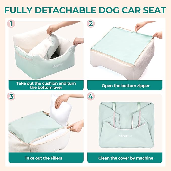 BurgeonNest Dog Car Seat for Small Dogs, Detachable and Washable Cat Carseats Under 25 lbs, Soft Pet Booster Seats with Storage Pockets and Clip-On Leash Portable Car Travel Carrier Bed, Beige Green