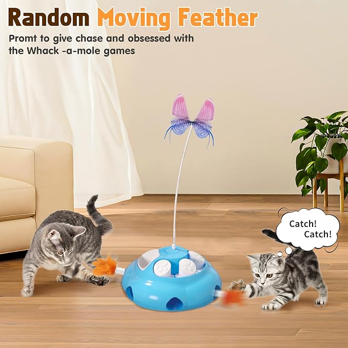 Interactive Cat Toys for Indoor Cats, 4in1 Pet Teaser Toy with Ambush Feather Wand, Motorized Fluttering Butterfly and Slow Feeder, Rechargeable Power Treat Puzzle Toy(Blue)