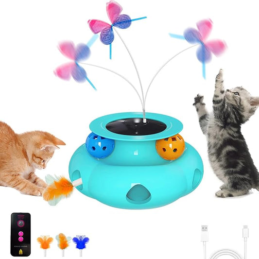 Interactive Cat Toys for Indoor Cats, 3in1 Pet Teaser Toy with Ambush Feather Wand, Fluttering Butterfly and Track Balls, Touch Activated Automatic Kitten Rechargeable Toys