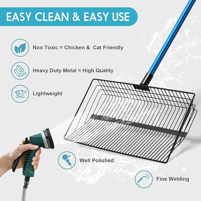 Large Chicken Poop Scooper & Rake: 22"-41" Extendable Long Handle Metal Chicken Coop Scooper with Detachable Heavy Duty Litter Sifting Shovel for Pet Waste | Chicken Coop Accessories