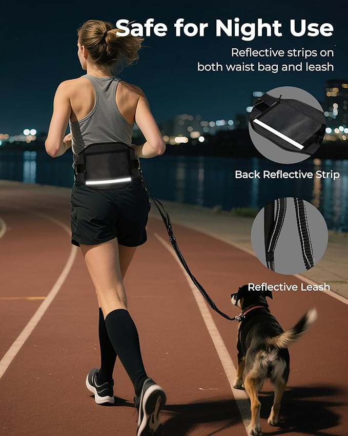 Hands Free Dog Leash with Ergonomic Waist Belt, Zipper Pouch, Reflective Bungee & Double Handle, for Medium & Large Dogs (20–100 lb), Walking, Running & Car Travel