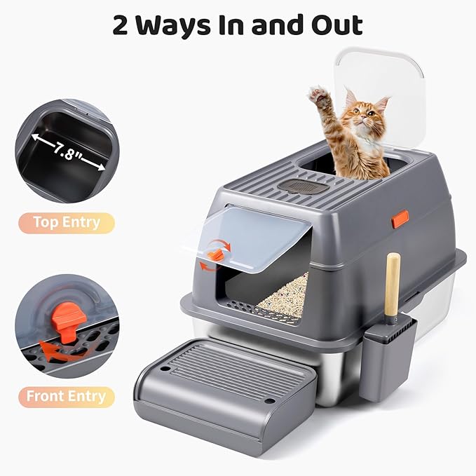 Stainless Steel Litter Box with Lid, XXL 23.6"L x 15.7"W x 15.7"H Enclosed High Sided Removable Metal Cat Litter Box with Top Entry, Scoop, Anti-Leakage, Non-Sticky, Easy Cleaning (Dark Grey)