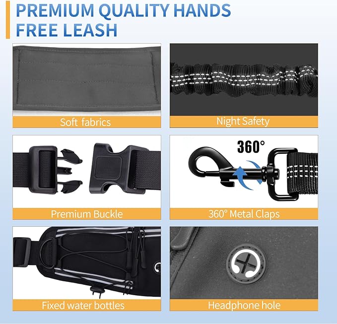 Hands Free Dog Leash with Pouch, Waist Leash for Dog Walking Bungee Leashs Reflective Dual Padded Handles, Running leashe for Dogs Large & Medium Dogs