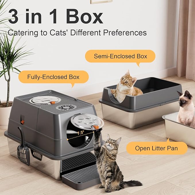 Stainless Steel Cat Litter Box with Lid, XL Extra Large Kitty Litter Box, Enclosed Top Entry Metal Litterbox for Big Cats, Easy Cleaning, Anti-Leakage & High Sided with Mat, Aisle & Scoop Dark Grey