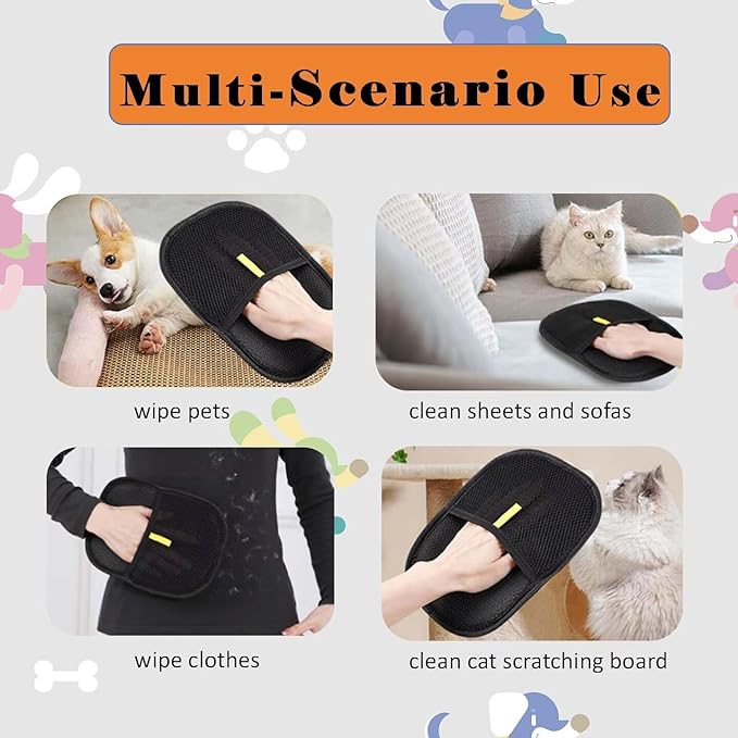 3 PCS Pet Hair Removal Glove for Cats & Dogs, Electrostatic Grooming Gloves for Pet Hair, Reusable Double Sided Static Hair Remover for Couch, Furniture, Carpet & Car Seat