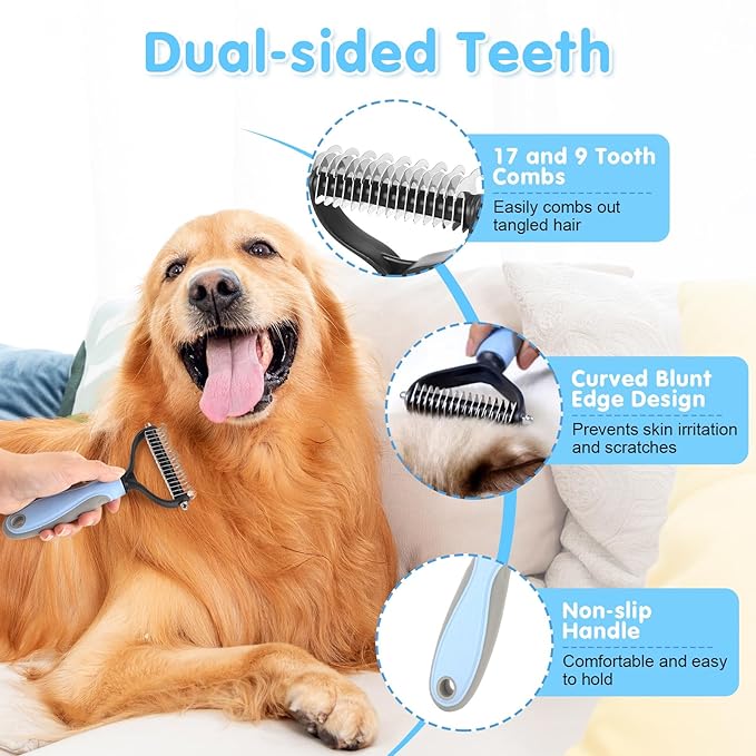 Cat Grooming Brush, 9PCS Dog Brush Kit with Pet Nail Clipper and File, Deshedding Brush for Cats, Cats Dog Shedding Brushs for Small Large Pets, Includes Flea Comb, Bath Brushs,Undercoat Rake (Blue)