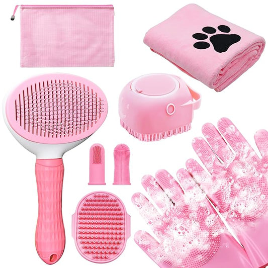 Dog Grooming Kit for Shedding – 8-Piece Pet Grooming Supplies with Deshedding Brush, Bath Gloves, Towels & Silicone Toothbrush | Ideal for Dogs, Cats, Small and Large Pets (Pink)