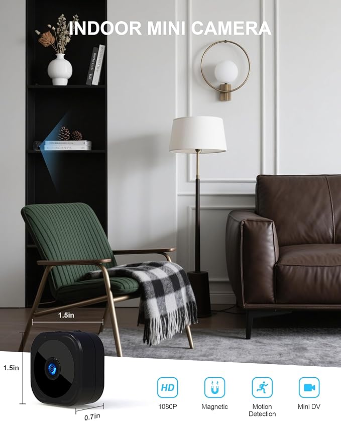 1080P HD Mini Camera for Indoor Security with App Control Motion Detection & Night Vision Wireless WiFi Rechargeable Pet Camera for Home/Office 24/7 Cycle Save (Black)