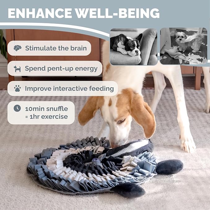 POPUPJOYS Durable Hide & Seek Snuffle Mat for Dogs, 2-in-1 Enrichment Puzzle Toy with Detachable Tail & Squeaker, Adjustable Difficulty Level with Suction, Machine Washable, Gift-Ready (Skunk)