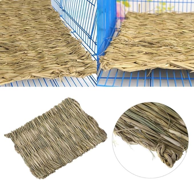 Hamiledyi Grass Mat Woven Bed Mat for Small Animal 4PCS Large Bunny Bedding Nest Chew Toy Bed Play Toy for Guinea Pig Parrot Rabbit Bunny Hamster Rat