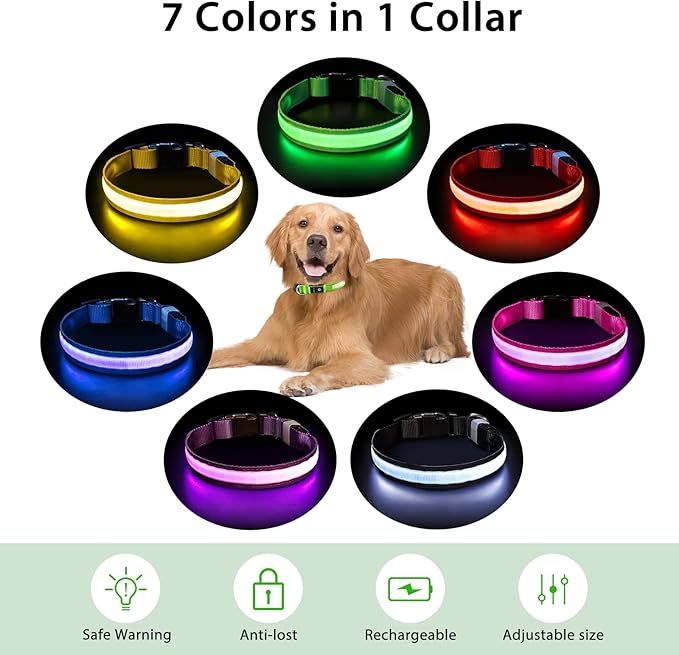 PcEoTllar Light up Dog Collar for Night Walking - LED Dog Collar Light Rechargeable Color Changing, Glow in The Dark Dog Collars Waterproof Glowing Dog Collars for Large Small Medium Dogs