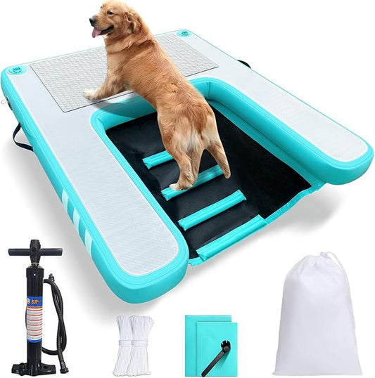 Inflatable Large Dog Water Ramp Float Floating Ramp-Swimming Pets Up to 200 Pounds Large Dogs-Inflatable Stairs for Boats, Docks, with Pump/Rope/Repair Kit - PVC Anti-Slip Fabric