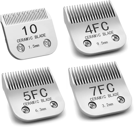 10#/4FC/5FC/7FC Silver Detachable Clipper Ceramic Blades, Dog Grooming Clipper Replacement Blades Compatible with KM Series Clippers, Most A5, Size-10#/4FC/5FC/7FC, Cut Length 1.5mm to 9.5mm, 4 Packs